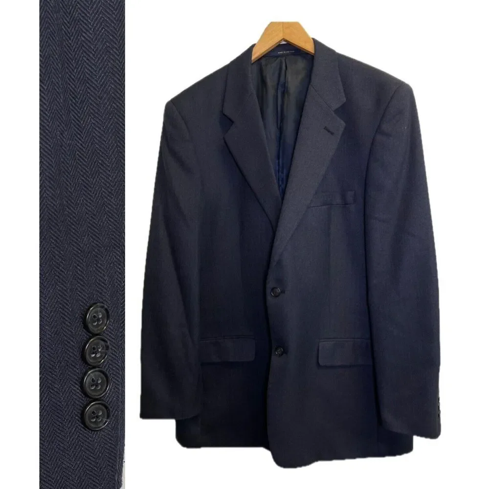 Club Room Mens 44L Navy Blue Blazer Herringbone Poly Blend Sport Coat‎ Jacket
